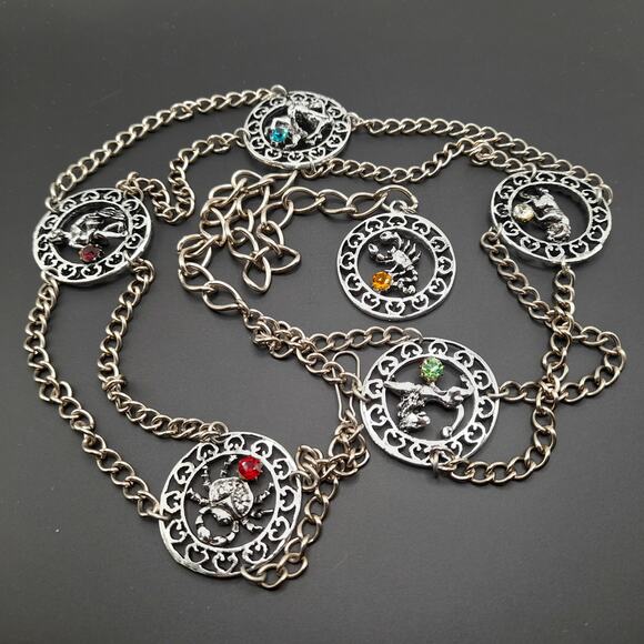 Vintage Zodiac Rhinestone Belt, Six Signs, 40 Inches, Silver Tone - Picture 9 of 10